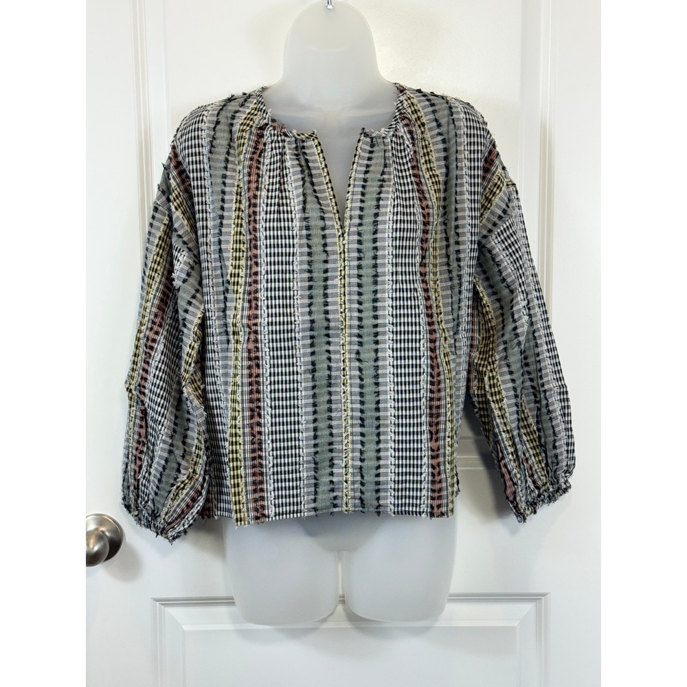 NWT Lou & Grey XXS Plaid Boho Textured Long Sleeve Blouse XX-Small Fringe